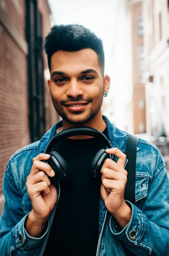 Model with headphones